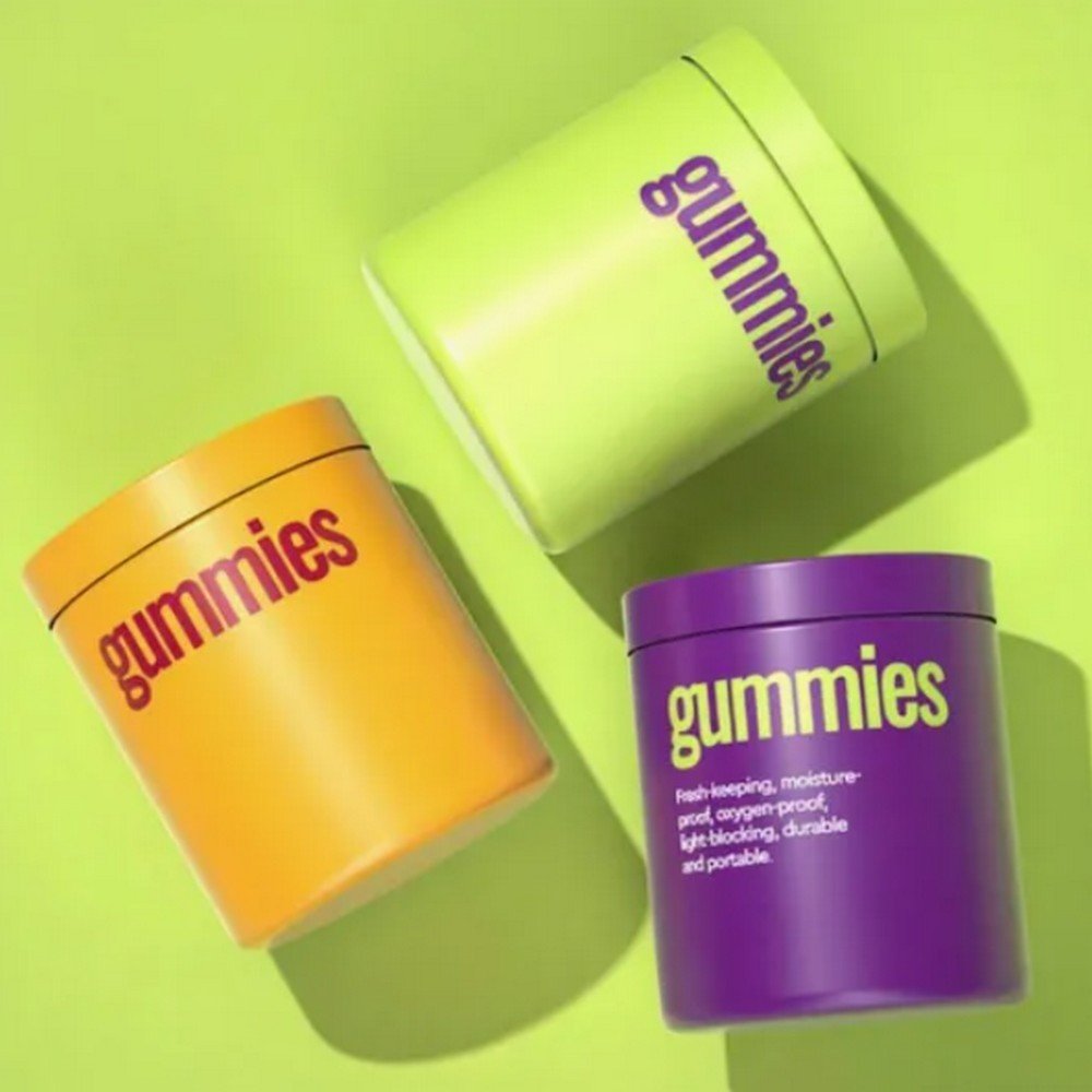BT01712 60ml 500ml Metal Gummy Tin Can Box Cylinder Aluminum Container Tins Can for Gummy Sweets Packaging