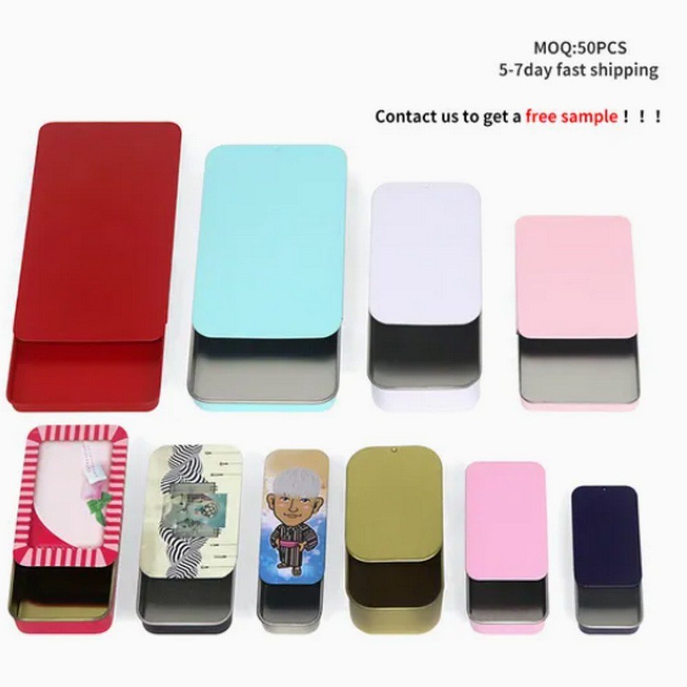 BTS10020 Vacuum Forming Custom Empty Flat Slide Tin Containers Solid Cologne Cosmetics Candy Metal Tins Box Sliding Lid Tin Case Sale for Food/Metal Tin Can