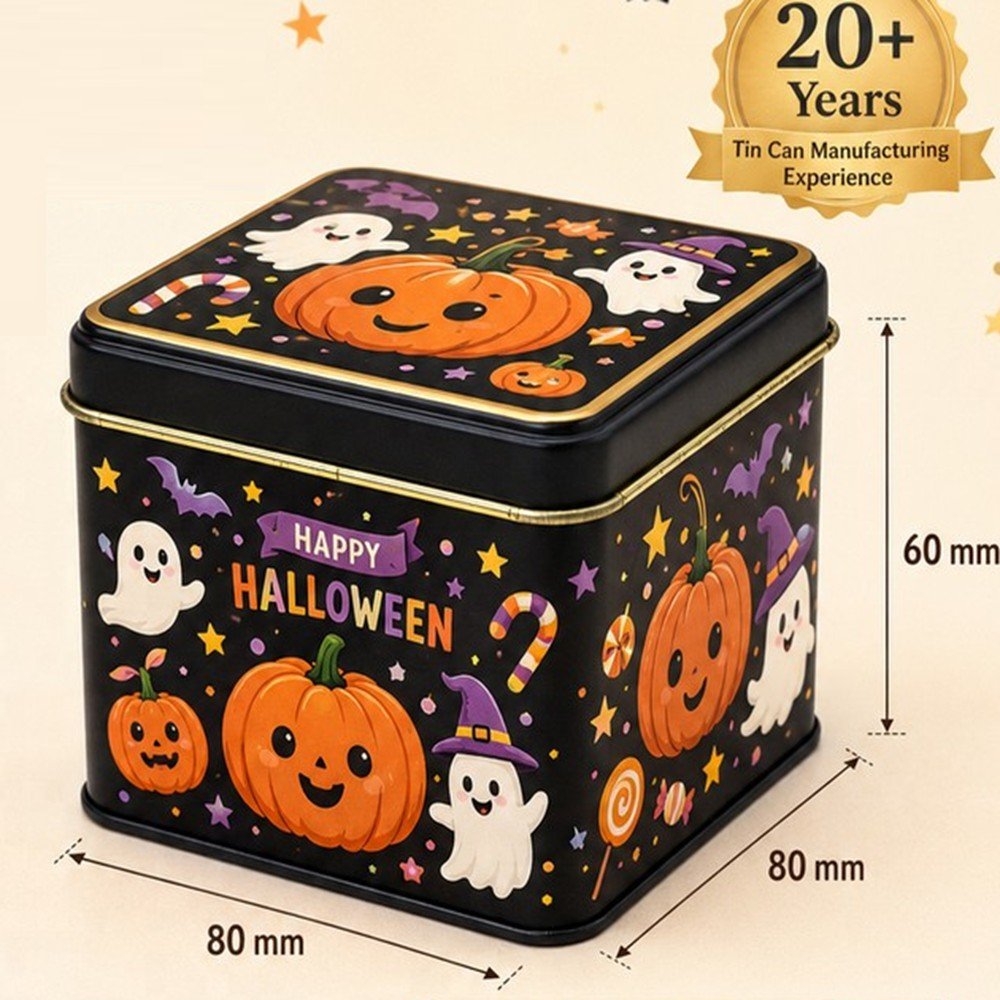 BT253151 Small Food Grade Square Halloween Christmas Cookie Tins with Custom Logo Cmyk Printing for Cake Biscuit Sweet Pizza Storage